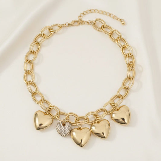 Chain Gold Puffy Heart Aurbo Stone Charm Necklace