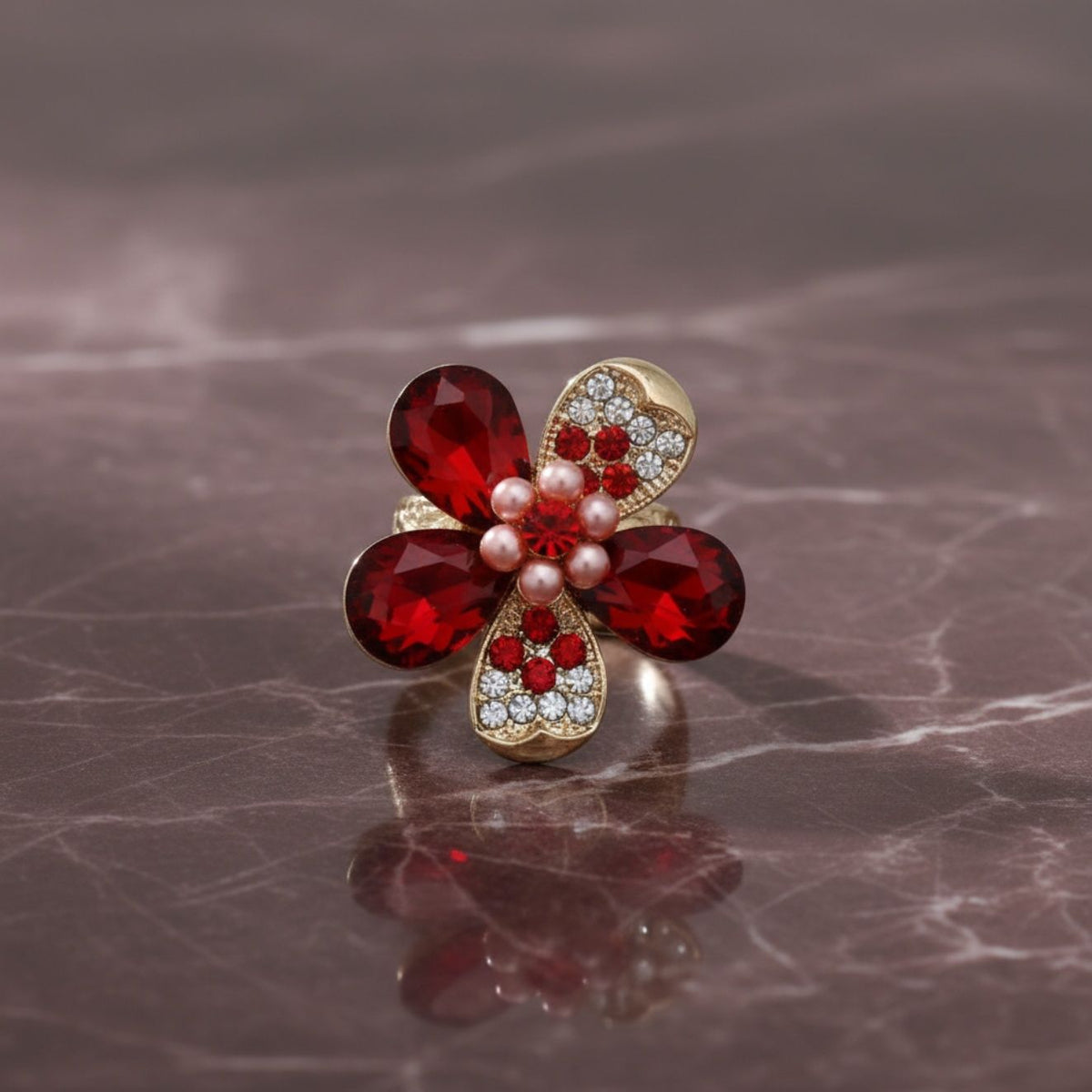 Cocktail Ring Red Teardrop Crystal Flower Design
