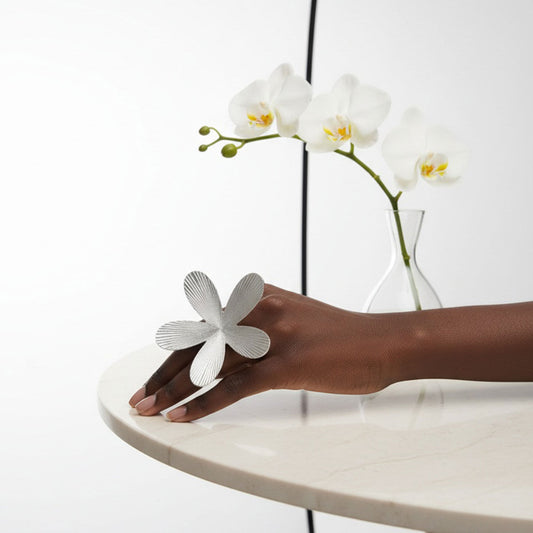 Cocktail Ring Large Silver Ribbed Petal Flower Ring