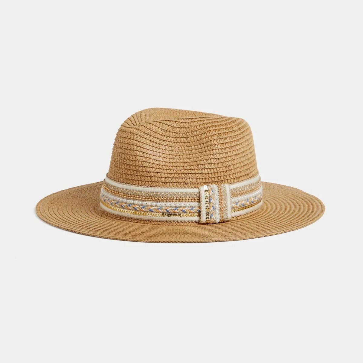 Camel Pearl Embellished Fedora Panama Hat