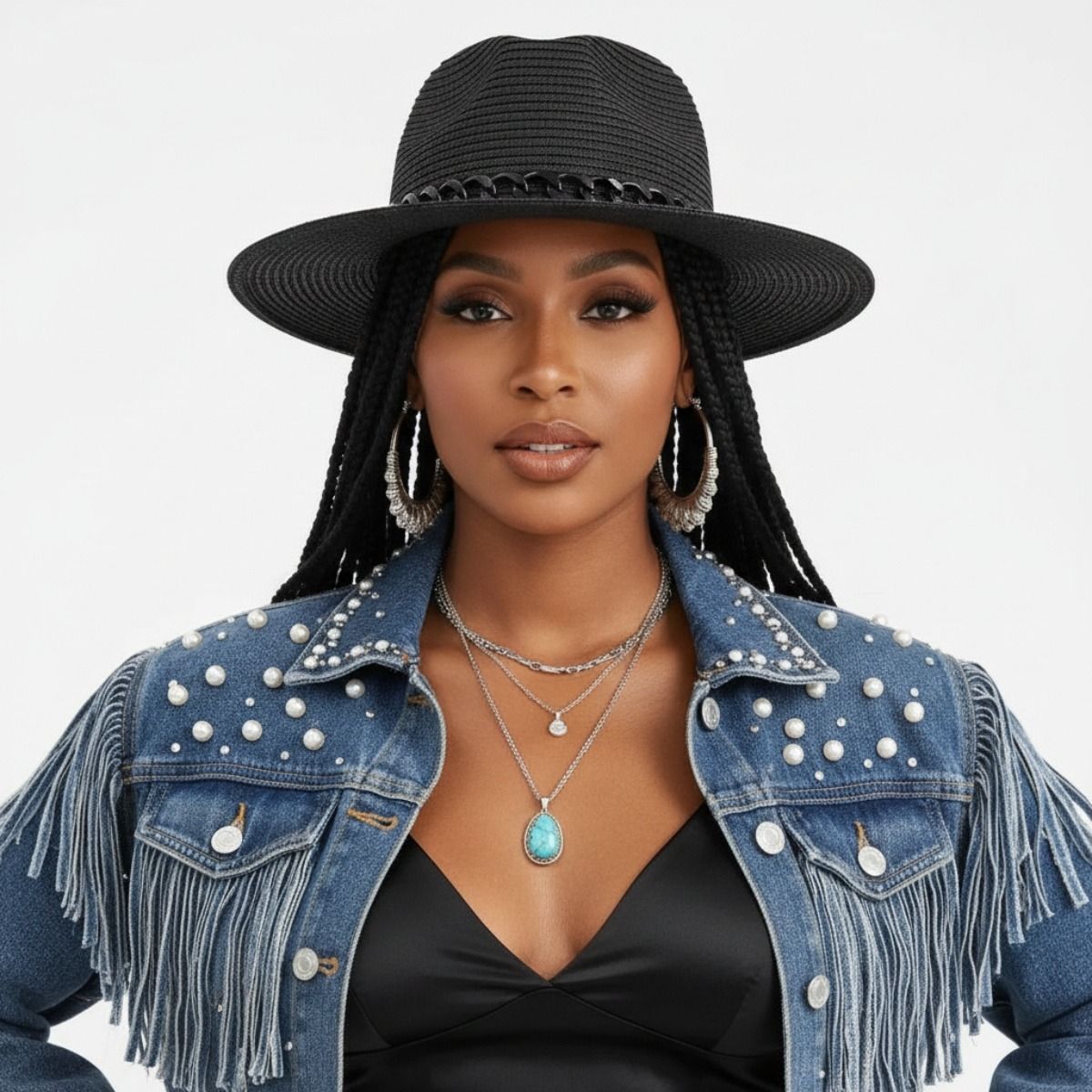 Black Chain Band Fedora Panama Hat