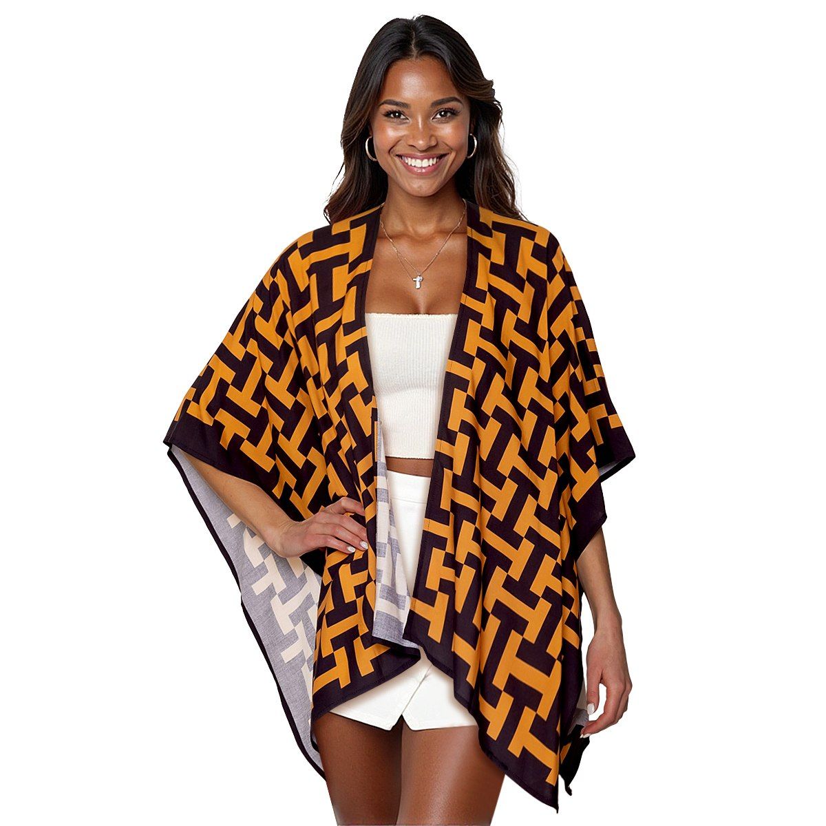 Kimono Black and Camel Geometric Print Women