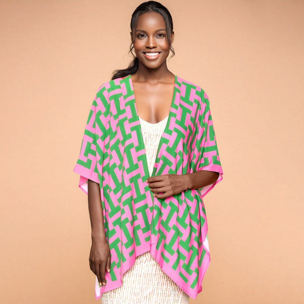 AKA Sorority Pink Green Geometric Viscose Kimono