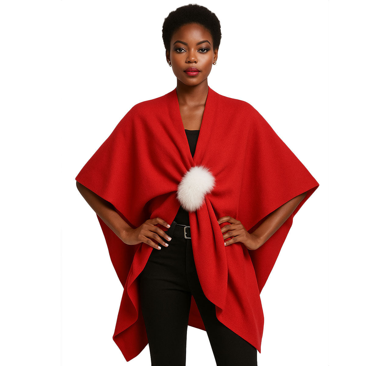 DST Sorority Red Knit Ivory Fur Ruana Scarf Wrap