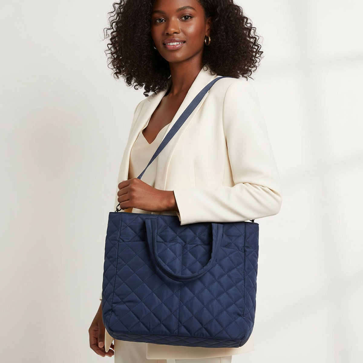 Tote Bag Navy Quilted Large Pocket Travel Purse