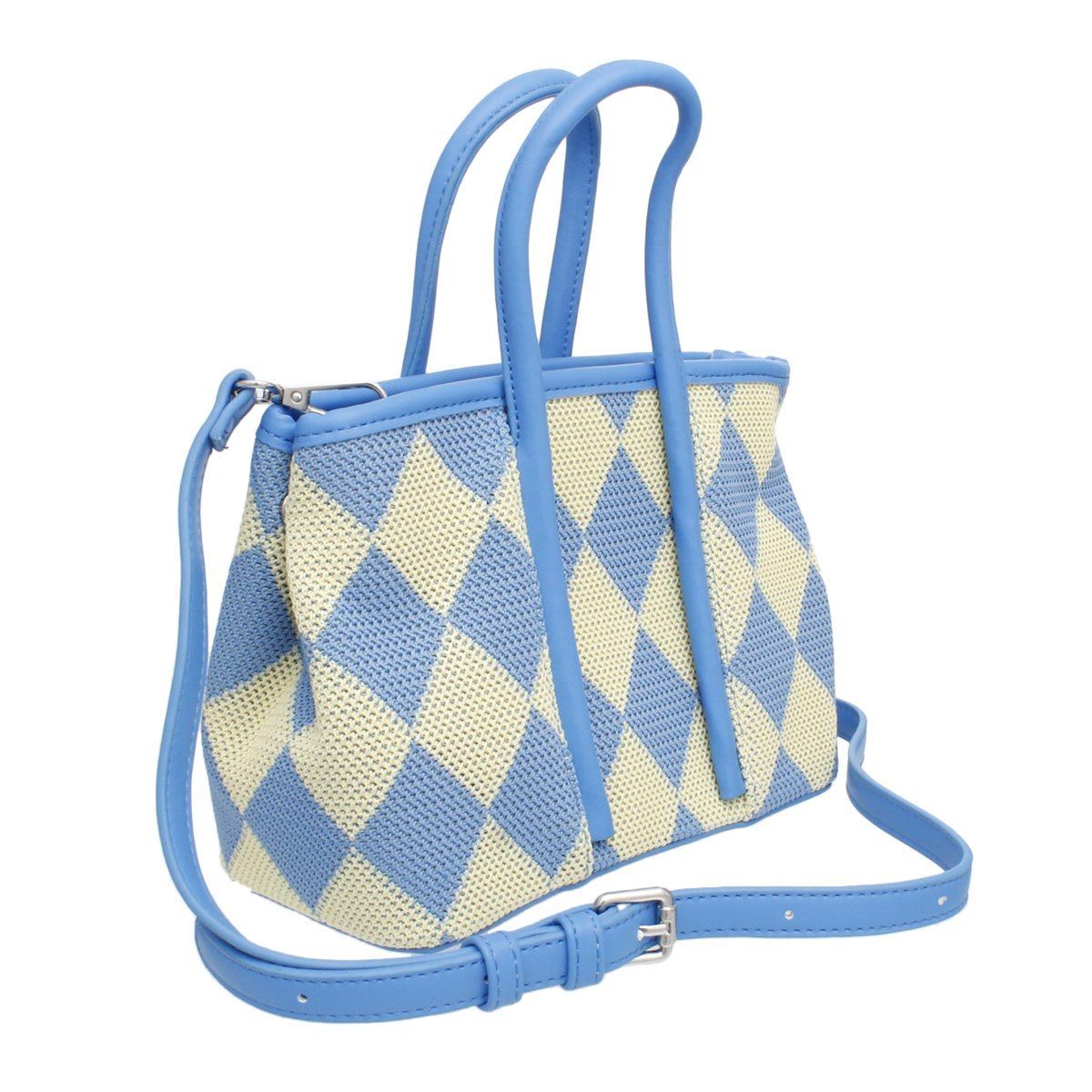 Top Handle Blue Harlequin Detail Square Handbag
