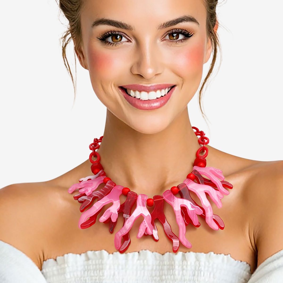 Collar Red Pink Coral Coastal Chic Link Necklace