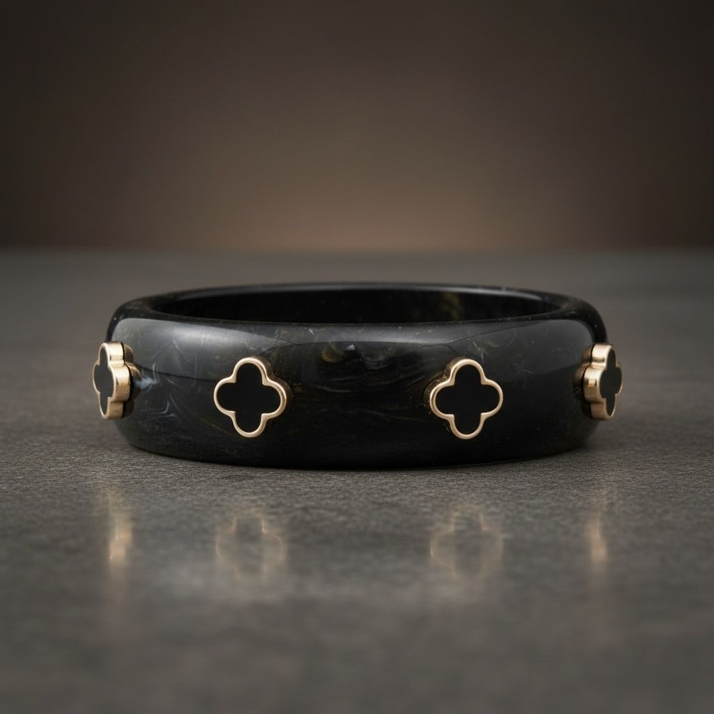 Bangle Marbled Black and Gold Quatrefoil Bracelet