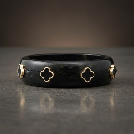 Bangle Marbled Black and Gold Quatrefoil Bracelet