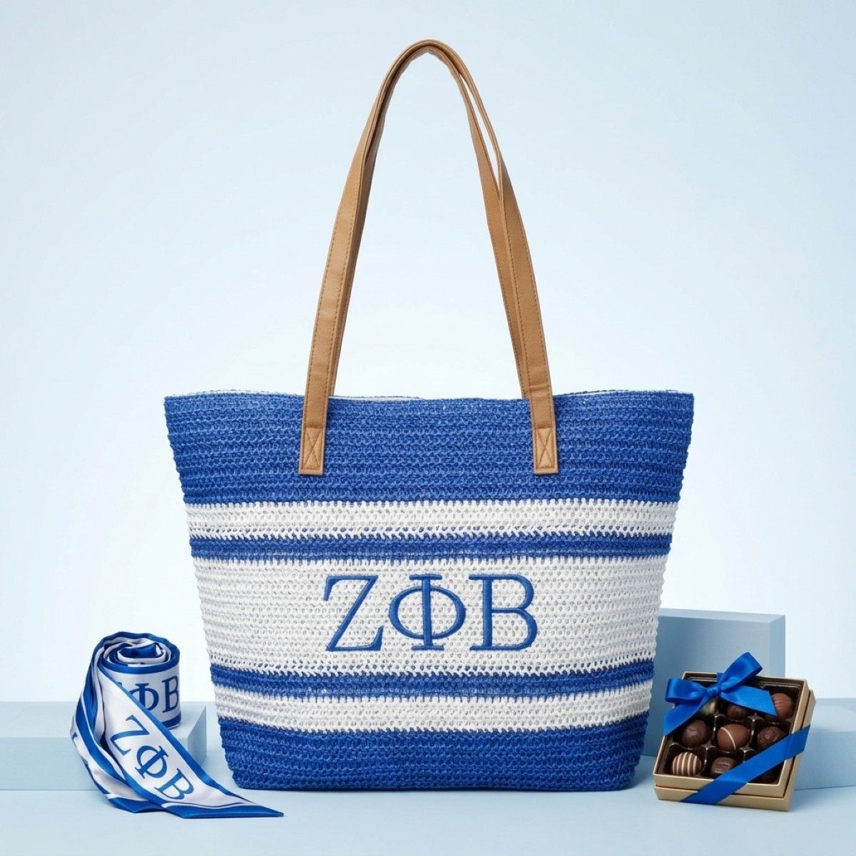 ZPB Faded Blue Raffia Embroidered Beach Tote Bag