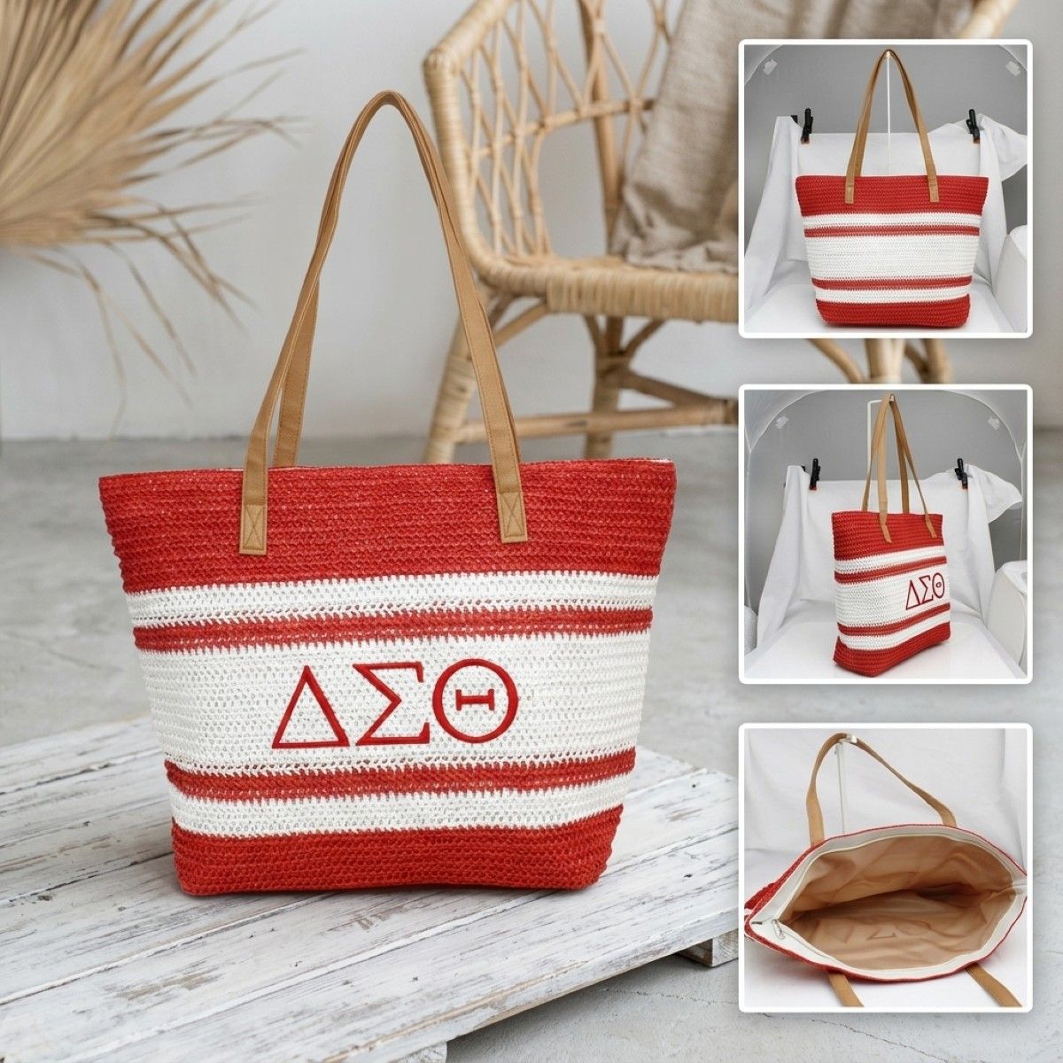 DST Faded Red Raffia Embroidered Beach Tote Bag