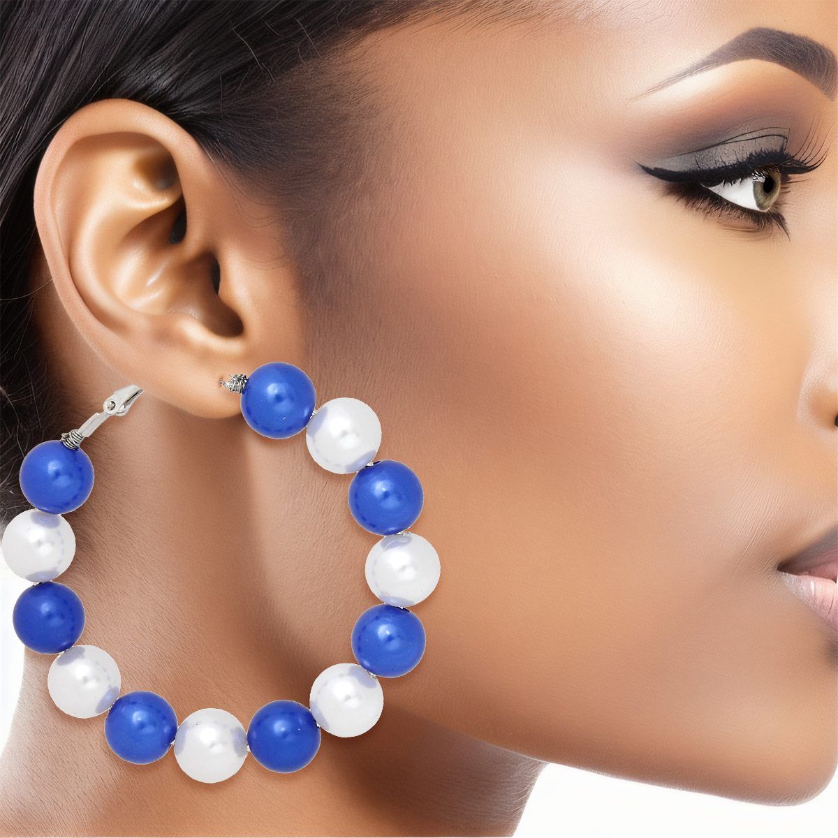 ZPB Sorority Blue White 60mm Pearl Hoop Earrings