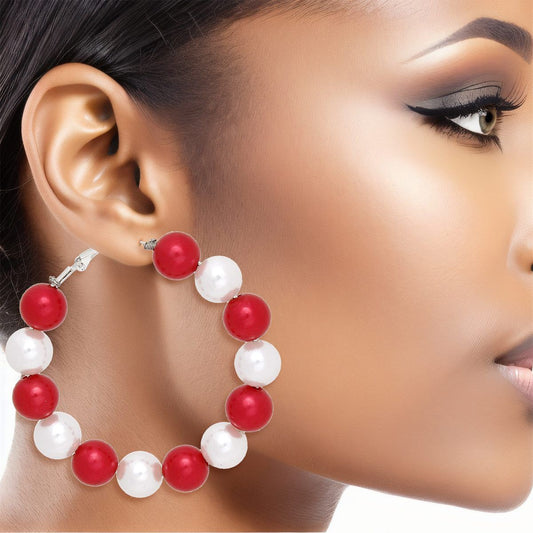 DST Sorority Red White 60mm Pearl Hoop Earrings