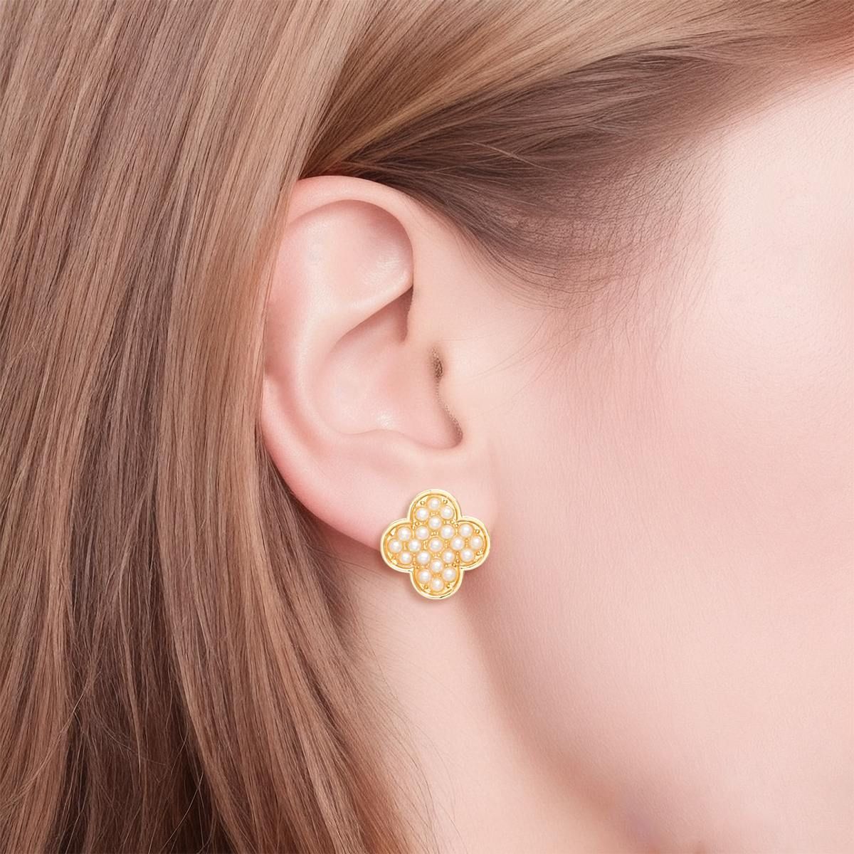 Studs Gold Cream Pearl Quatrefoil Clover Earrings
