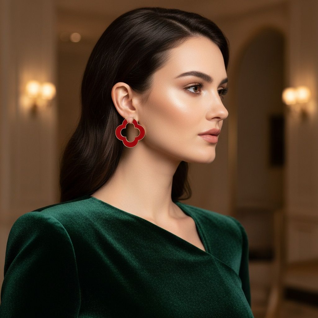 Hoop Red Resin Gold Quatrefoil Clover Earrings