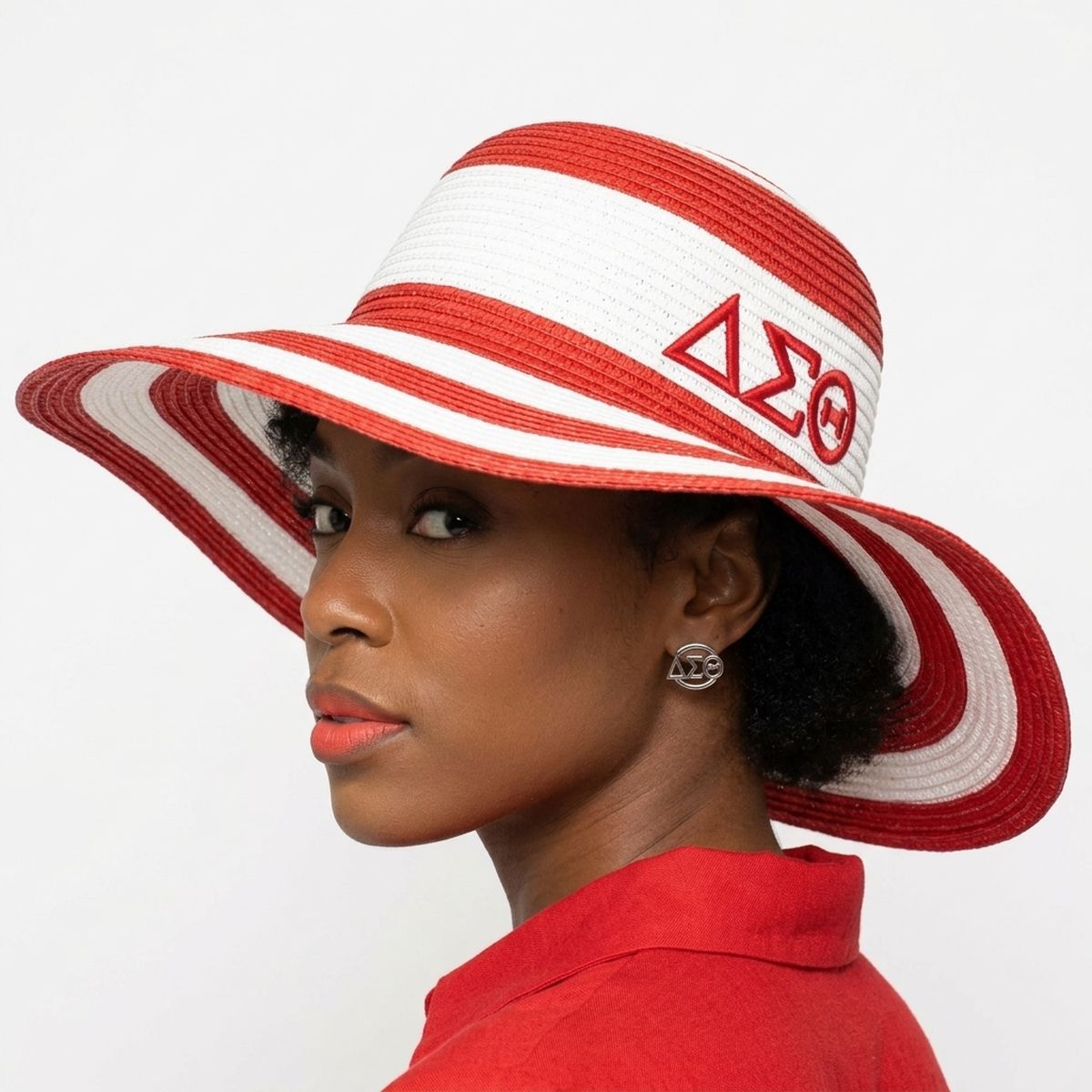 DST Red Raffia Embroidered Floppy Beach Sun Hat