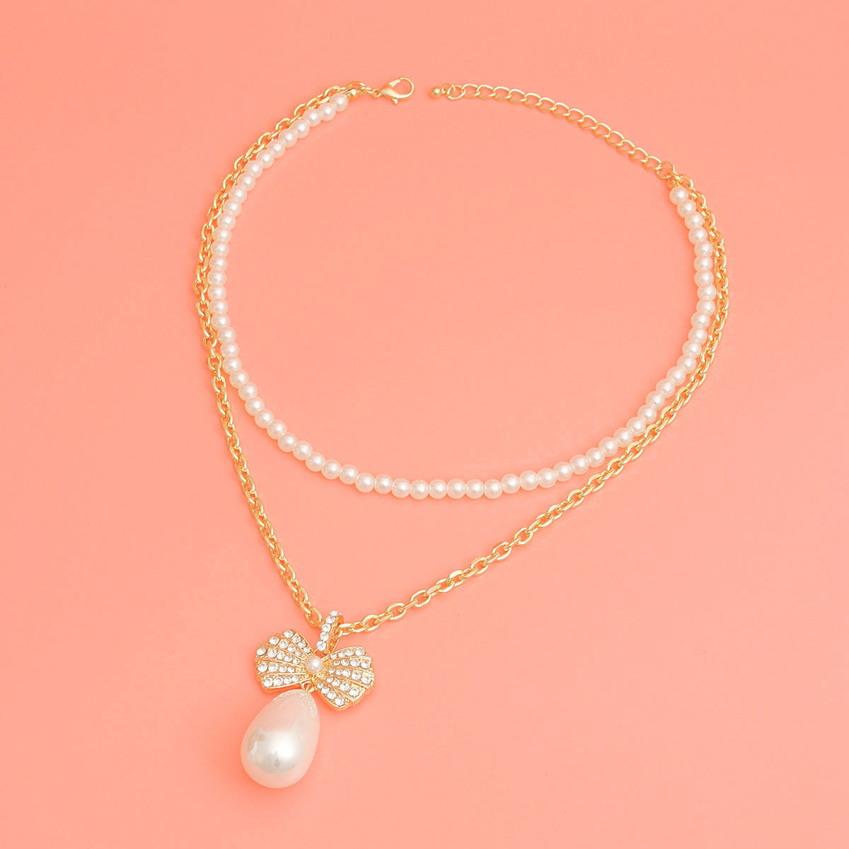 Double Layer Pearl Bow Gold Necklace