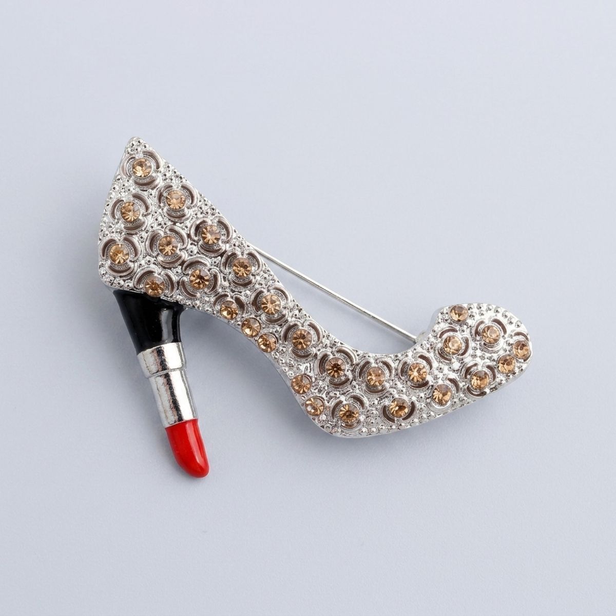 Silver & Brown Leopard High Heel Lipstick Brooch