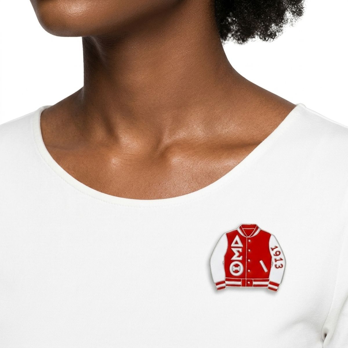 DST Varsity Jacket Red and White Brooch Pin