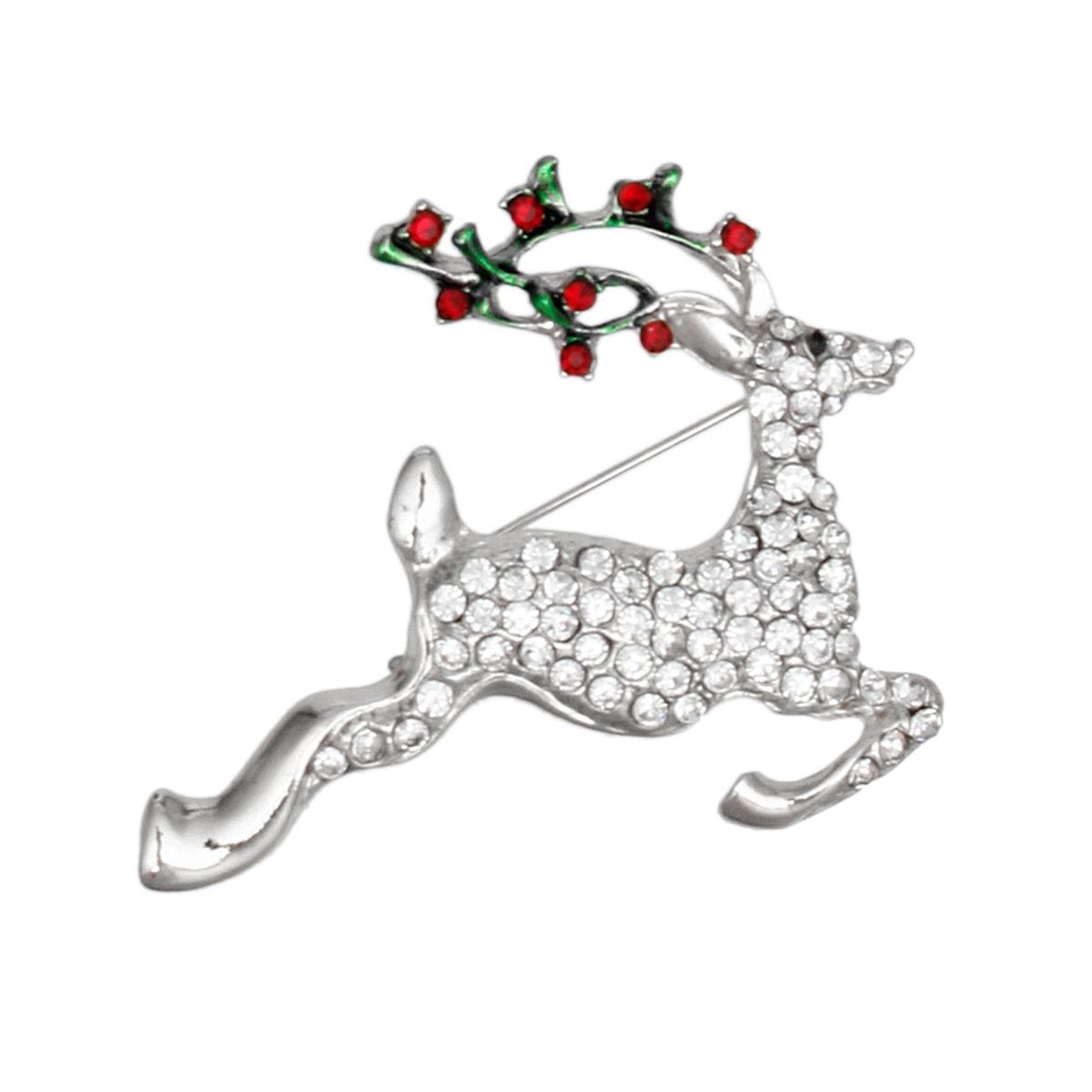 Brooch Leaping Xmas Reindeer Glittery Silver Pin
