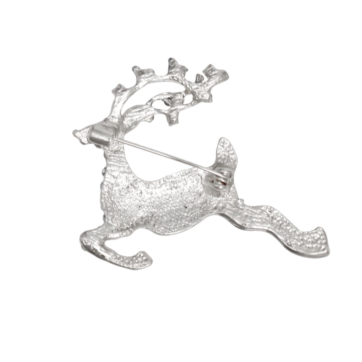 Brooch Leaping Xmas Reindeer Glittery Silver Pin