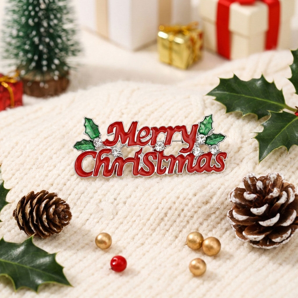 Brooch Red Merry Christmas Holly Gold Pin