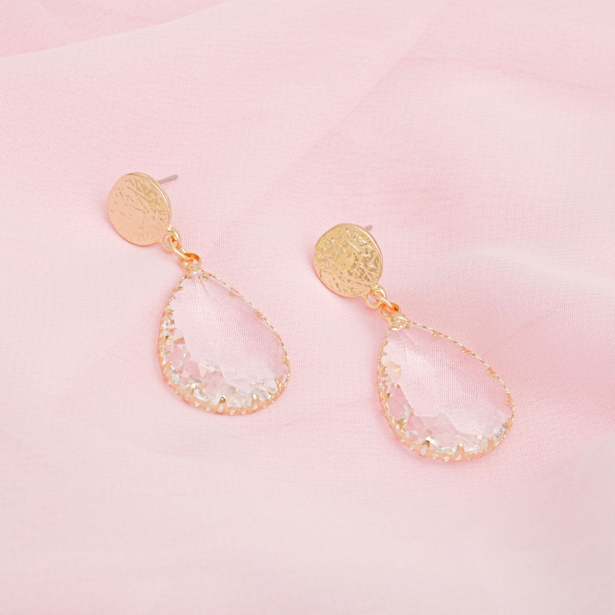 Teardrop Scratched Gold Clear Glass Drop Earrings