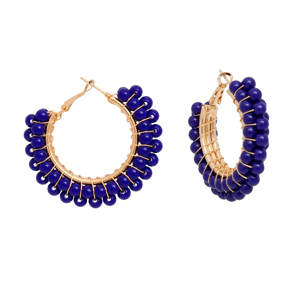Hoops Blue Bead Gold Wire Wrapped Earrings Women