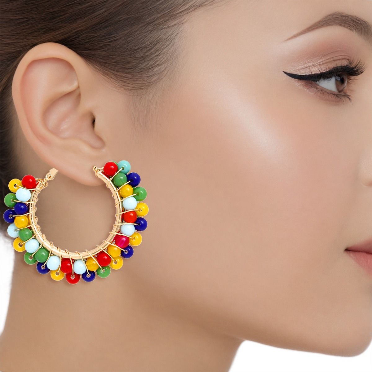 Hoops Multicolor Bead Gold Wire Wrapped Earrings