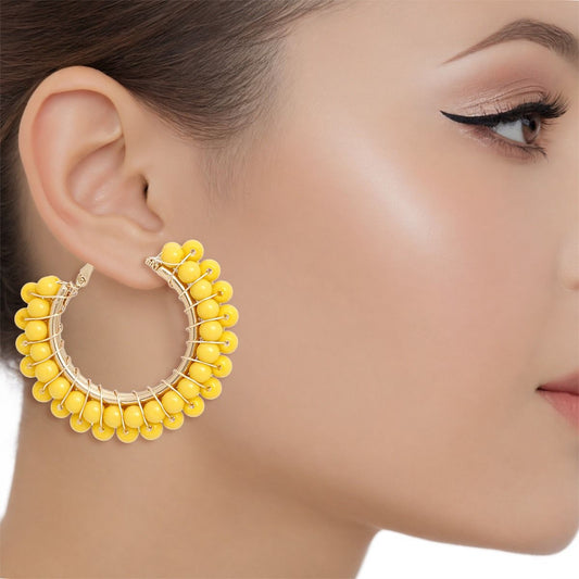 Hoops Yellow Bead Gold Wire Wrapped Earrings Women