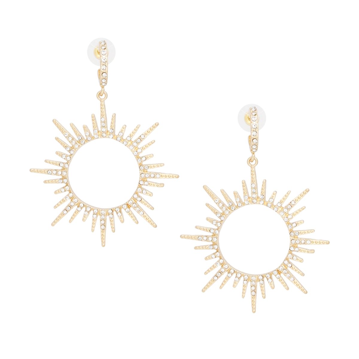 Drop Gold Open Hoop Sunburst Rhinestone Earrings