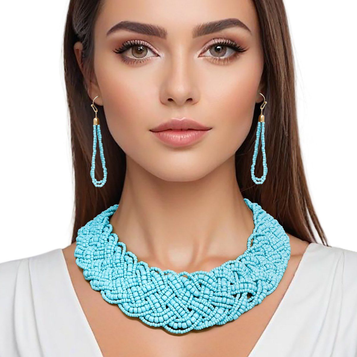 Collar Turquoise Seed Bead Braided Collar Necklace