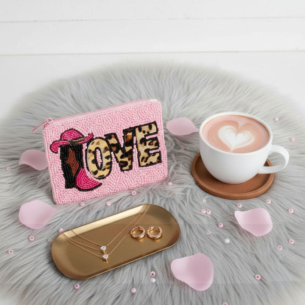 Coin Purse Leopard LOVE Cowgirl Pink Zipper Pouch