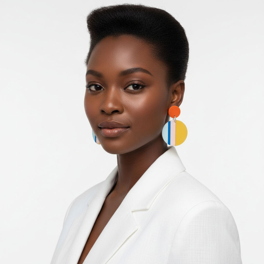 Drop Geo Stripe Retro-Chic Yellow Disc Earrings