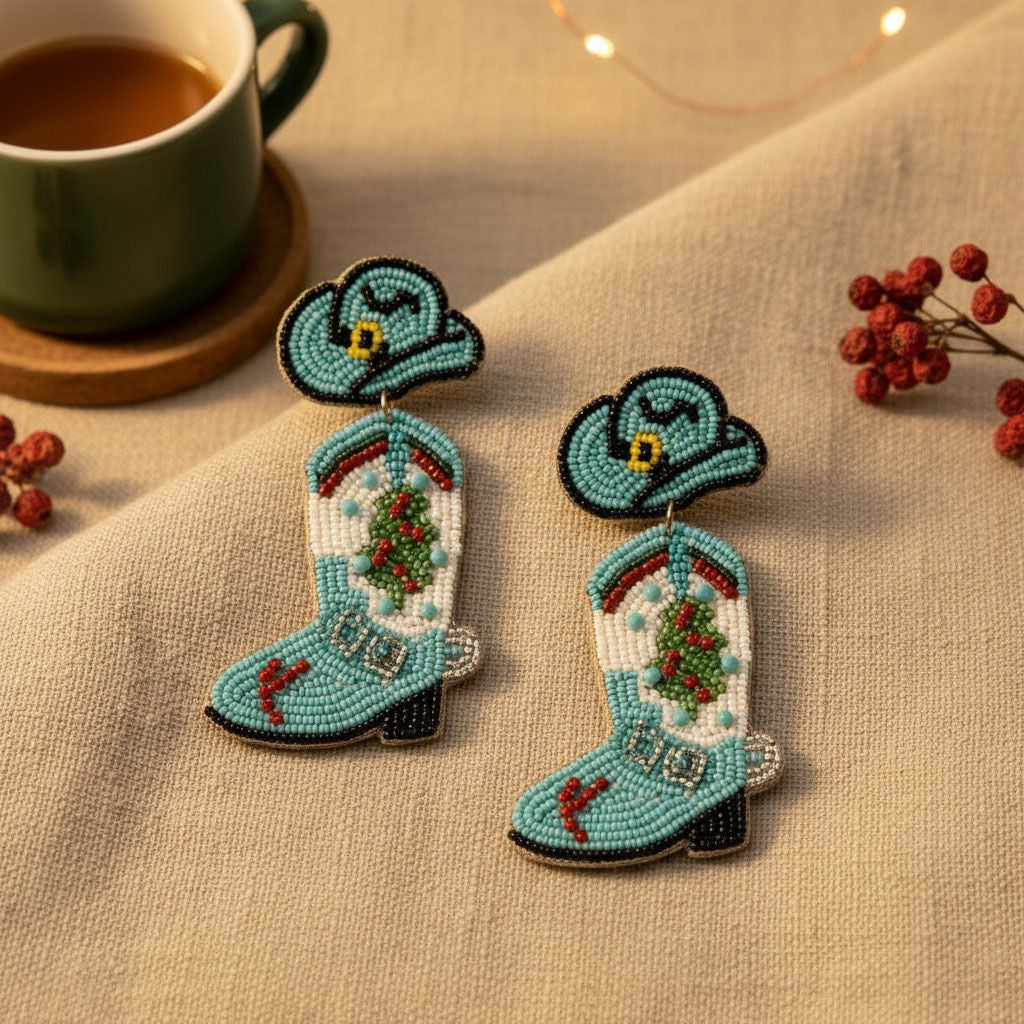 Drop Xmas Embroidered Bead Cowgirl Boots Earrings