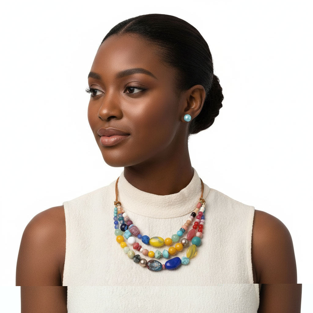 Stone Bead Layered Leather Cord Necklace Set