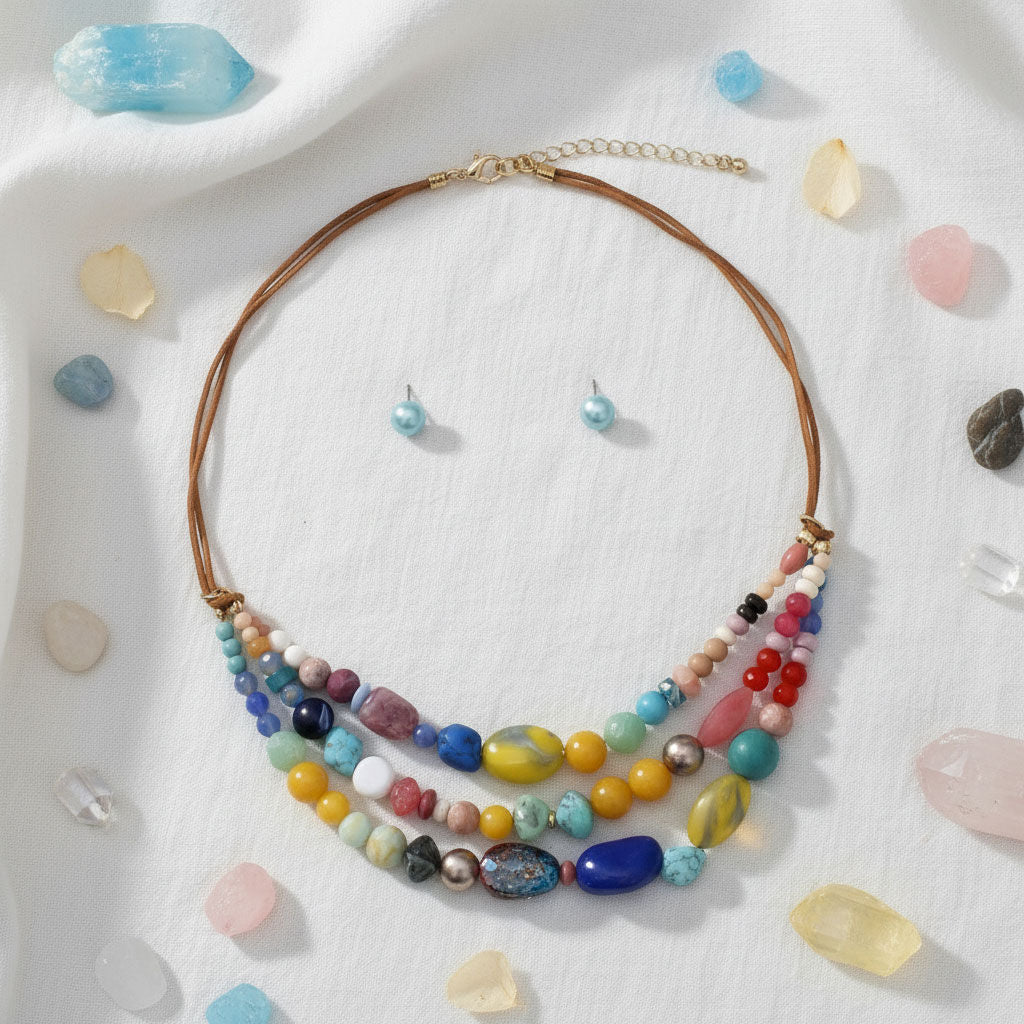 Stone Bead Layered Leather Cord Necklace Set