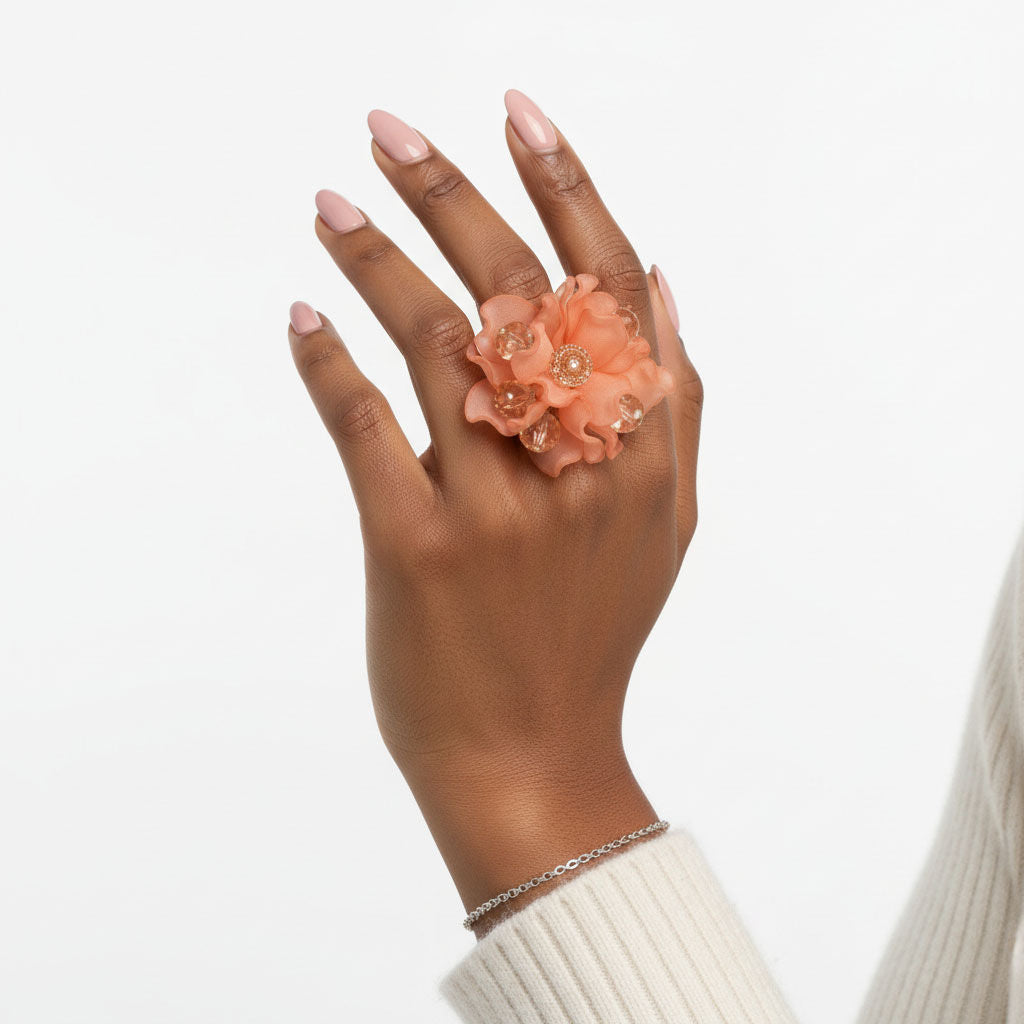 Cocktail Coral Sculpted Petal and Bead Flower Ring