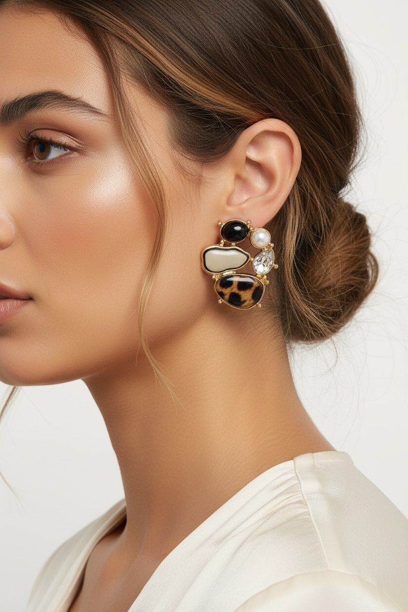 Stud Oval Leopard Gold Metal Tribal Earrings