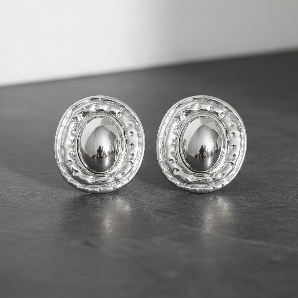 Stud Silver Organic Oval Domed Metal Earrings