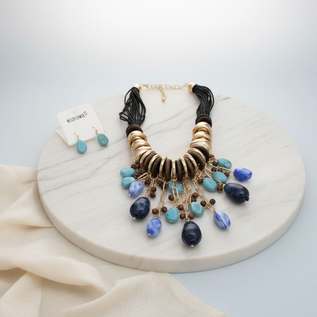 Beaded Blue Stone Global Artisan Leather Necklace