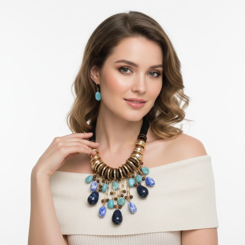 Beaded Blue Stone Global Artisan Leather Necklace