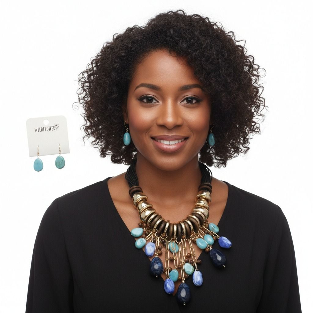 Beaded Blue Stone Global Artisan Leather Necklace