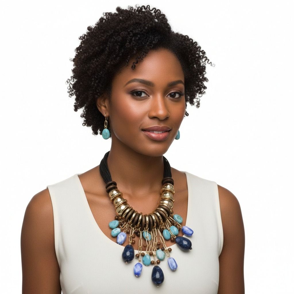 Beaded Blue Stone Global Artisan Leather Necklace