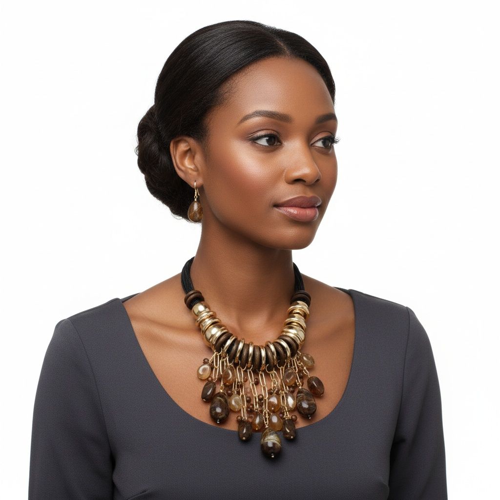 Beaded Brown Stone Global Artisan Leather Necklace