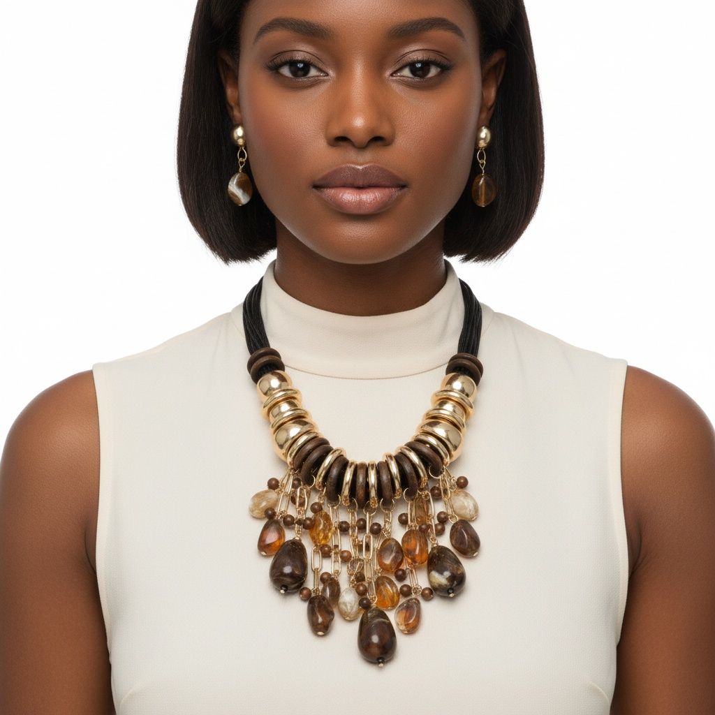 Beaded Brown Stone Global Artisan Leather Necklace