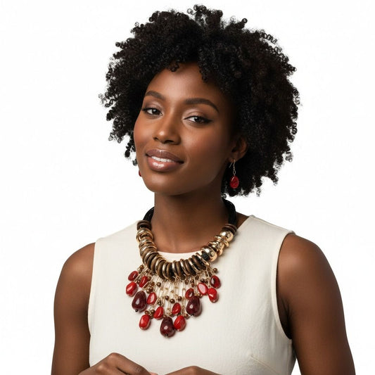 Beaded Red Stone Global Artisan Leather Necklace