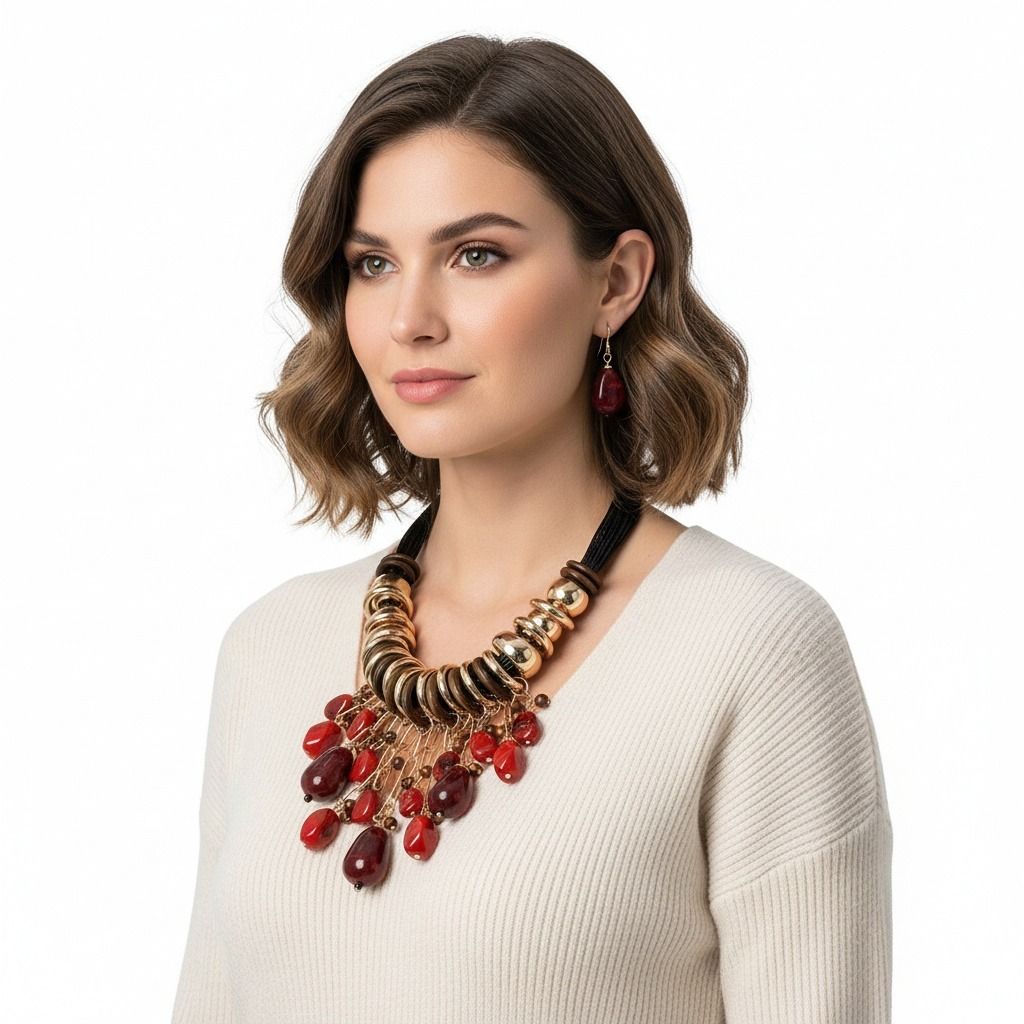 Beaded Red Stone Global Artisan Leather Necklace